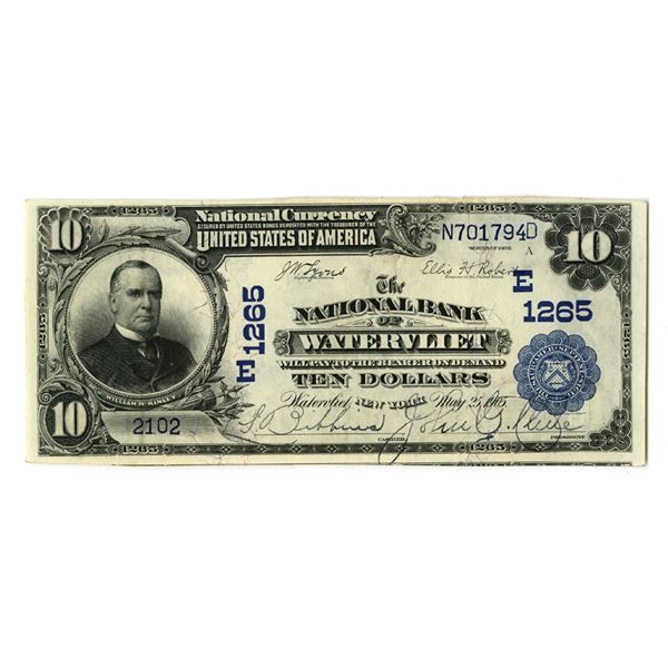 NY. National Bank of Watervliet, New York. $10 Series of 1902, Ch# E-1265, Issued Banknote.