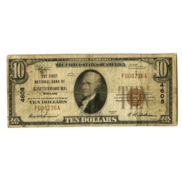 MD. First National Bank of Gaithersburg, Maryland, $10, Series of 1929, T1, Ch# 4608, Issued Banknot