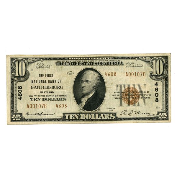 MD. First National Bank of Gaithersburg, Maryland, $20 T2, Series of 1929, Ch# 4608, Issued Banknote