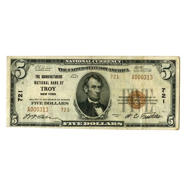 NY. Manufacturers National Bank of Troy, New York, $5 T2, Series of 1929, Ch# 721, Issued Banknote w