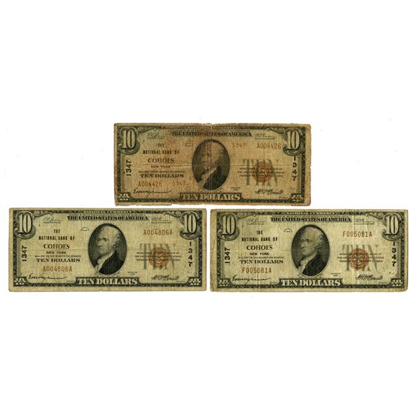 NY. National Bank of Cohoes, New York, $10, Series of 1929, Ch# 1347, T1 & T2, Issued Banknote Trio.
