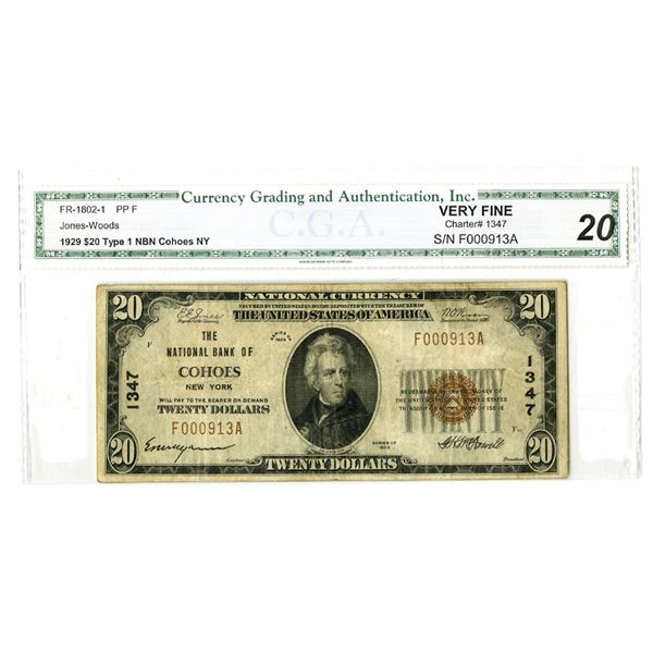 NY. National Bank of Cohoes, New York, $20 T1, Series of 1929, Ch# 1347, Issued Banknote.
