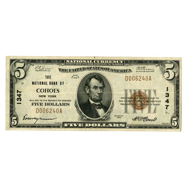 NY. National Bank of Cohoes, New York, $5 T1, Series of 1929, Ch# 1347, Issued Banknote.