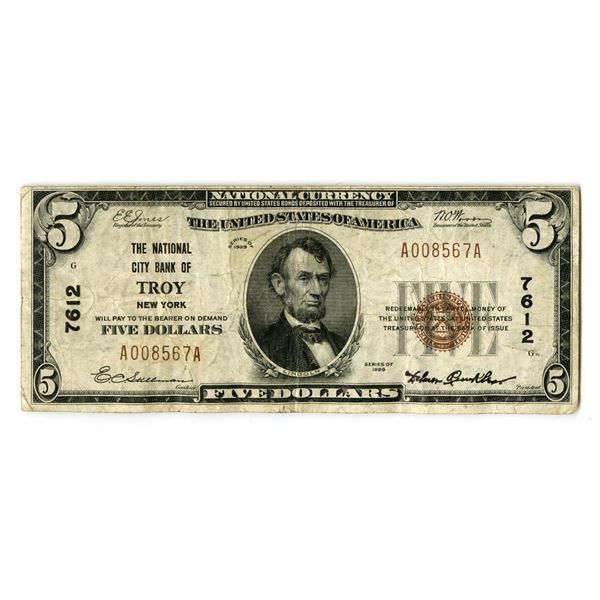 NY. National City Bank of Troy, New York, $5, Series of 1929, T1, Ch# 7612, Issued Banknote.
