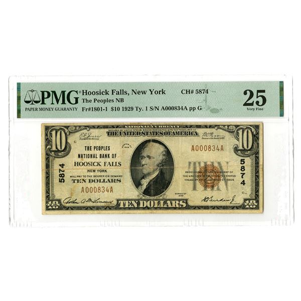 NY. Peoples National Bank of Hoosick Falls, New York, $10, Series of 1929, T1, Ch# 5874, Issued Bank