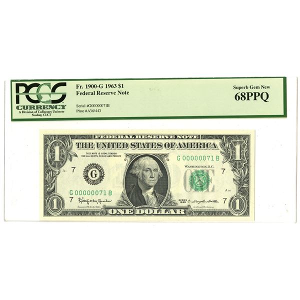 U.S., F.R.N., $1, Series 1963, Fr.# 1900G, Low Serial Number Issued Banknote.