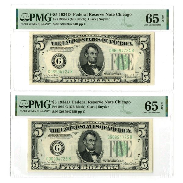 U.S., F.R.N., $5, Series of 1934D, Fr.# 1960G, Sequential Issued Banknote Pair.