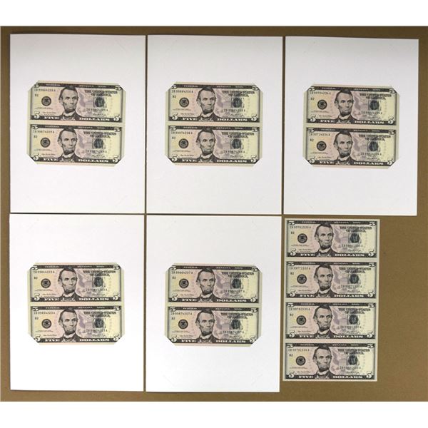 U.S. F.R.N., $5 FW, Series 2006, Collection of Uncut Banknotes.
