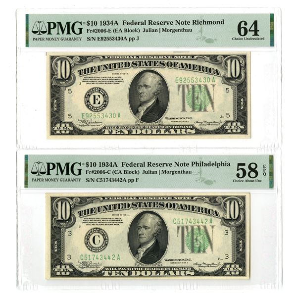 U.S.,  F.R.N., $10, Series of 1934A, Issued Banknote Pair.