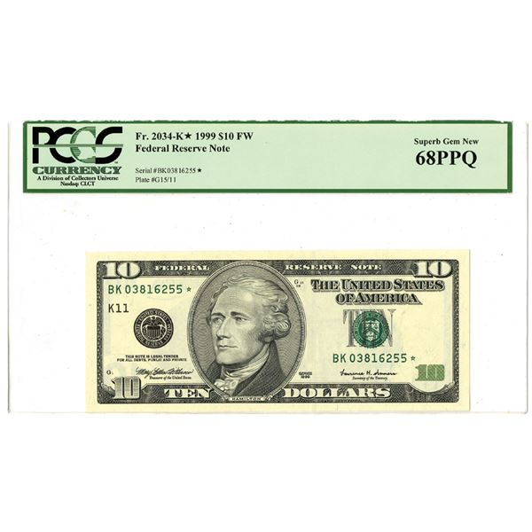U.S., F.R.N., $10 FW, Series of 1999, Fr.#2034-K* Replacement Banknote, The First of 2 Sequential No