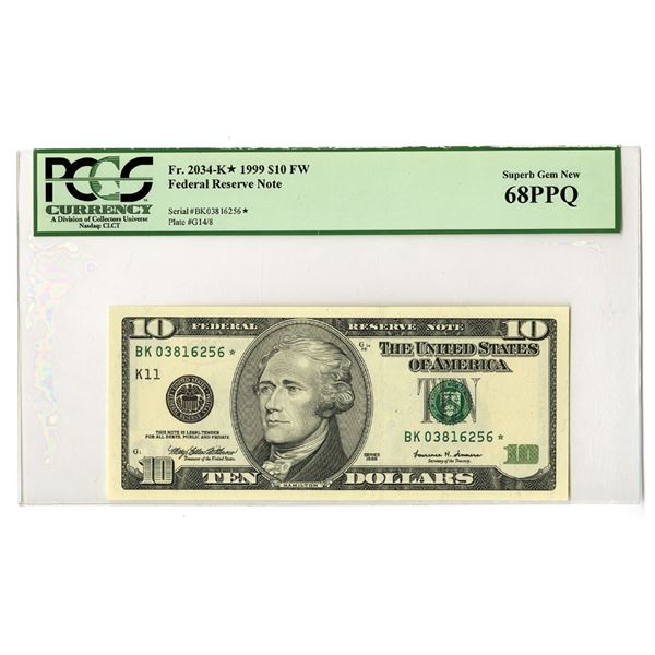 U.S., F.R.N., $10 FW, Series of 1999, Fr.#2034-K* Replacement Banknote, The Second of 2 Sequential N