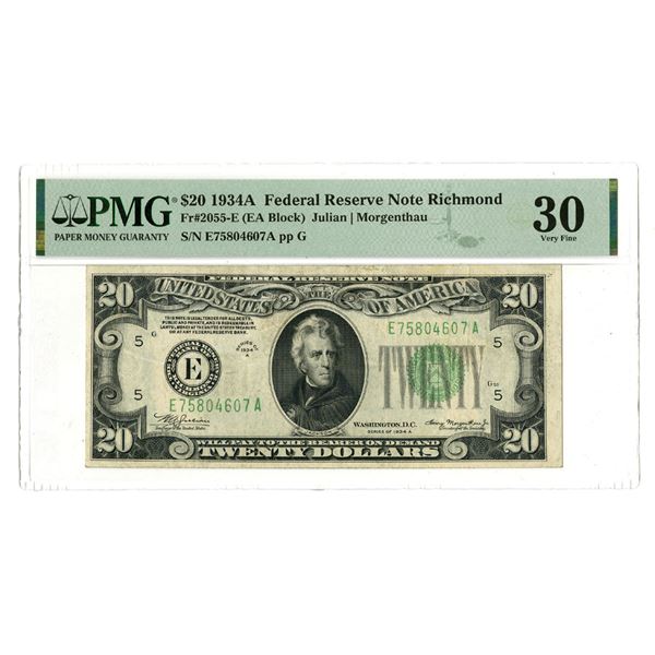 U.S., F.R.N., $20, Series of 1934A, Fr.# 2055E, Issued Banknote.