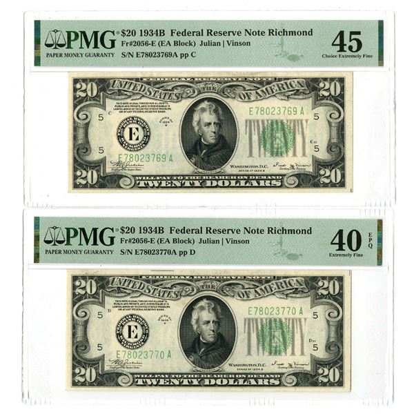 U.S., F.R.N., $20, Series of 1934B, Fr.# 2056E, Sequential Issued Banknote Pair.