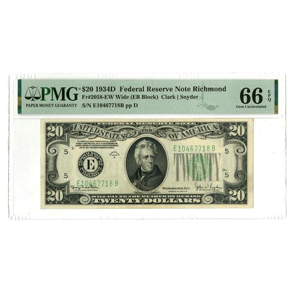 U.S., F.R.N., $20, Series of 1934D, Fr.# 2058EW, Issued Banknote.