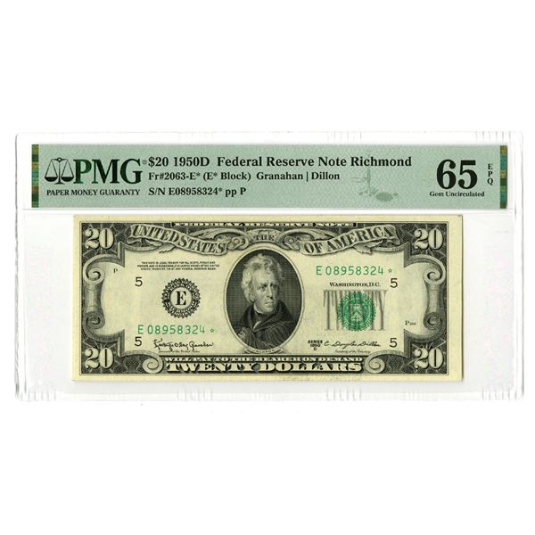 U.S., F.R.N., $20, Series 1950D, Fr.# 2063E*, Issued Star Note.