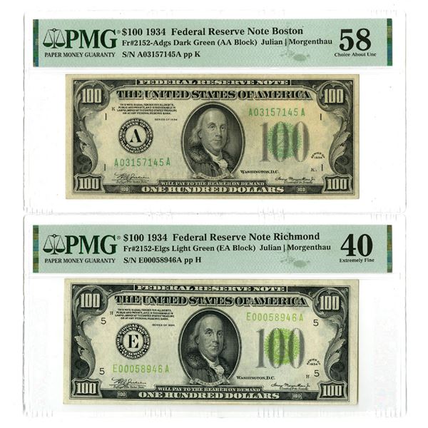 U.S.,  F.R.N., $100, Series of 1934, Fr.#2152Adgs & Fr.#2152Elgs, Issued Banknote Pair.