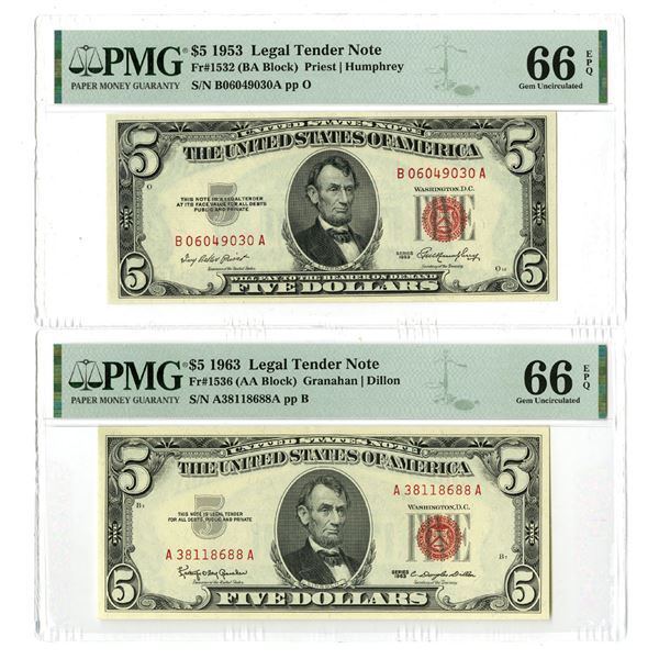 U. S. Legal Tender Note, $5, Series 1953 and Series 1963, Issued Banknote Pair.