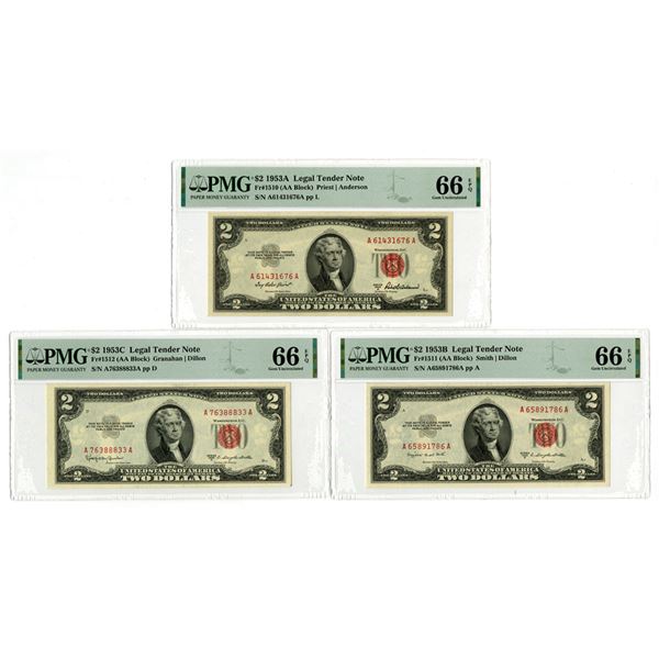 U. S. Legal Tender Notes, $2, Series 1953A, 1953B & 1953C, Issued Banknote Trio.