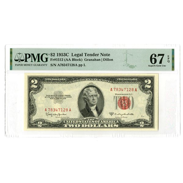 U. S. Legal Tender Notes, $2, Series 1953C, Fr.# 1512, The First of 2 Sequential Banknote.