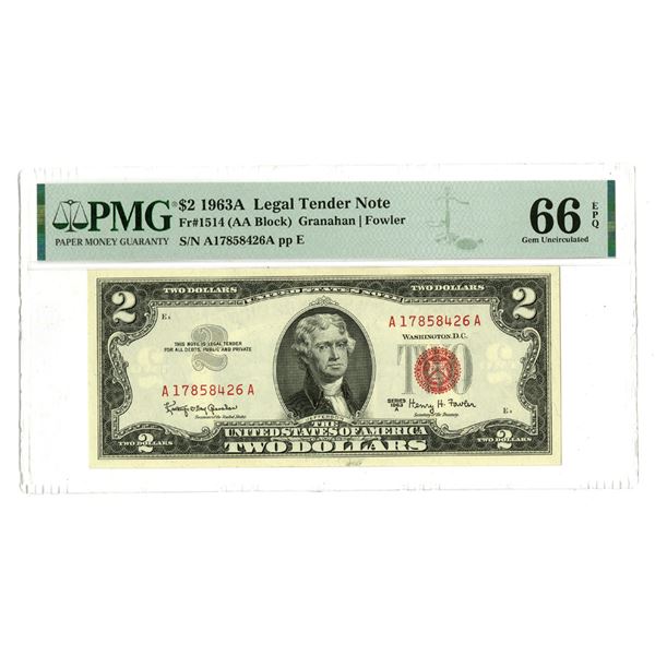U. S. Legal Tender Notes, $2, Series 1963A, Fr.# 1514, Issued Banknote.