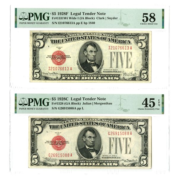 U. S. Legal Tender Note, $5, Series of 1928C and Series of 1928F, Issued Banknote Pair.