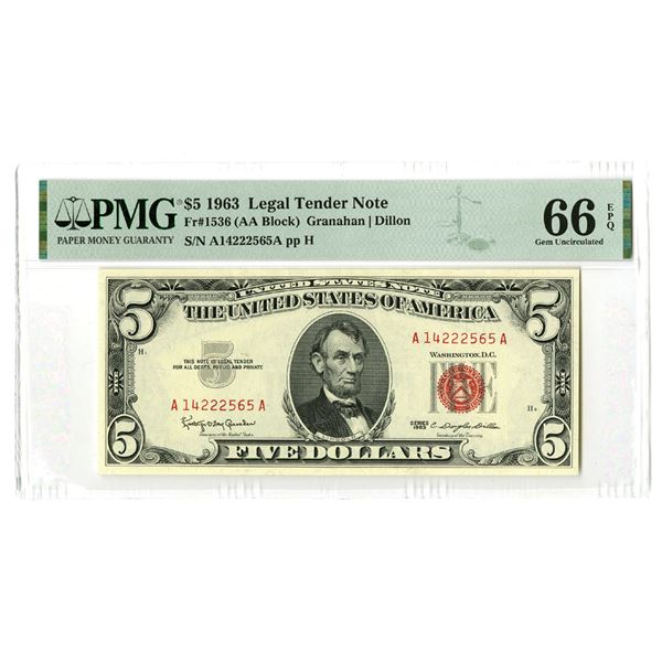 U. S. Legal Tender Notes, $5, Series 1963, Fr.# 1536, Issued Banknote.