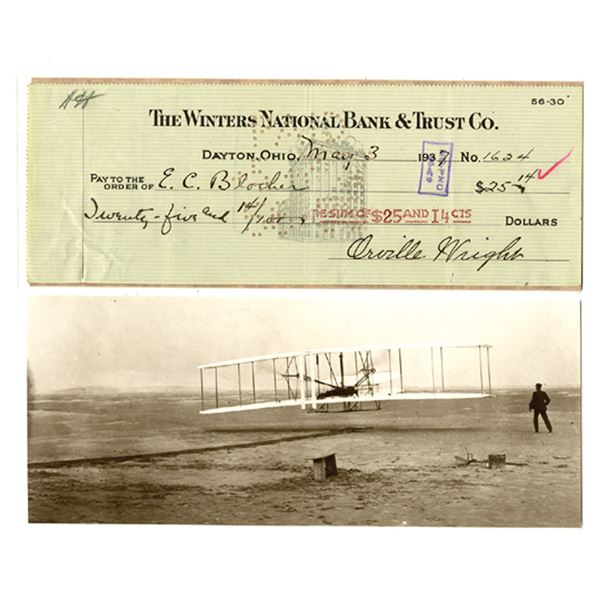 OH. Winters National Bank & Trust I/C Check Signed by Orville Wright, Aviation Pioneer in 1937.