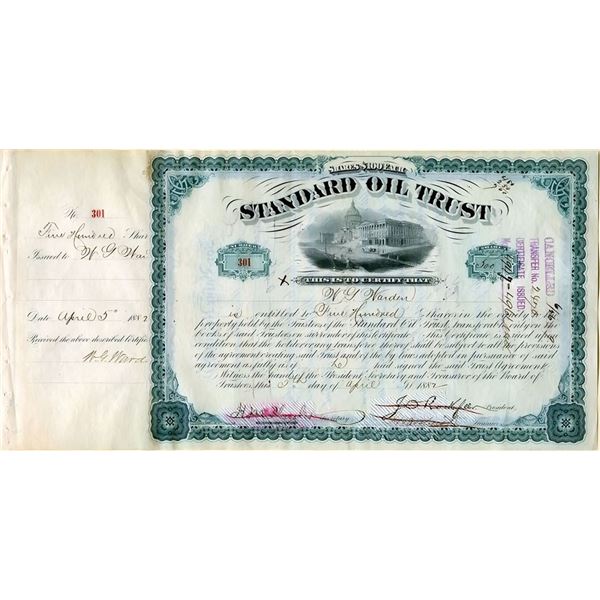 Standard Oil Trust 1882 Issued Stock Certificate Signed by John D. Rockefeller as President.
