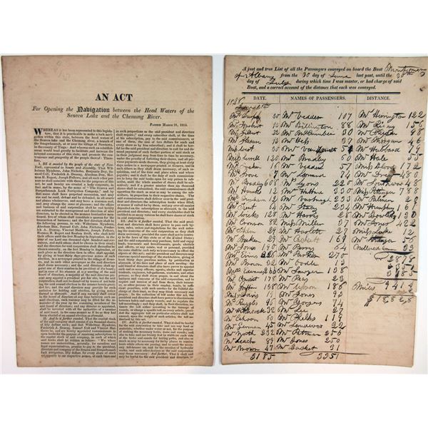 NY. Manifest of the Boat Montgomery of Albany from 1828 and 1815 Printed Legislature Document.