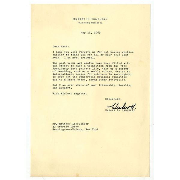 Hubert H. Humphrey, 1969, 38th Vice President of the USA Autograph