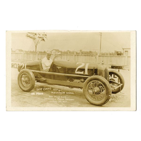 IN. Dave Evans Indianapolis 500 Real Photograph, Postcard Size, 5th Place Winner, May 30, 1927