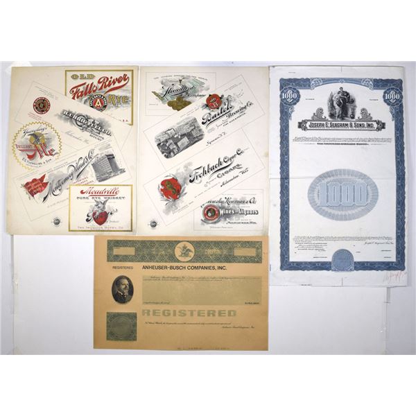 Seagrams & Sons Whiskey and Anheuser-Busch Co. Brewery Proof Certificates & Advertising Label Sample