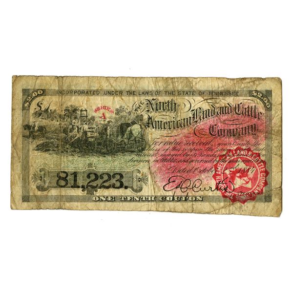TN. North American Land and Cattle Company, 1884 I/U Lottery Ticket.