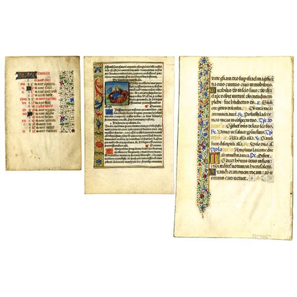 Original Illuminated Manuscript Leaves  Trio, 1490 to 1530, Handwritten & Decorated Vellum Pages