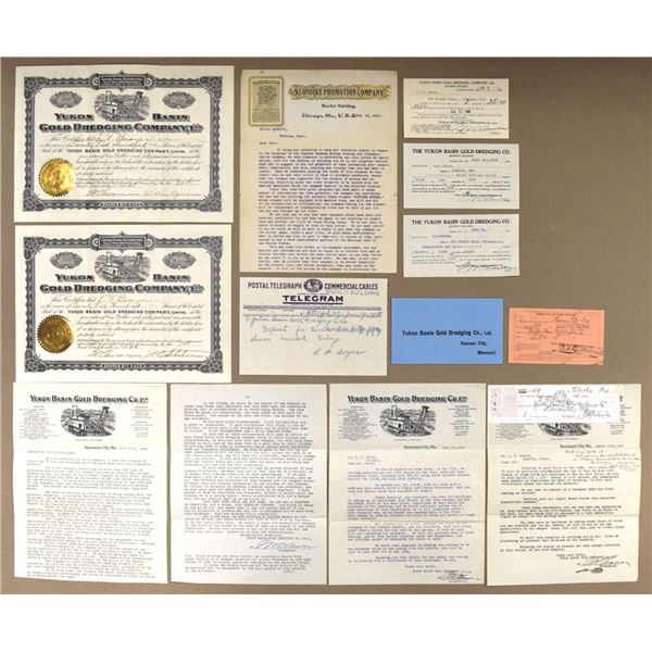 Alaska. Yukon Basin Gold Dredging Co., 1905 to 1915, Ephemera and Stock Certificate Assortment.