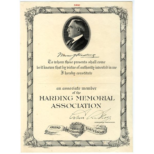 NY. Harding Memorial Association, Large Format Membership Certificate, ca. 1920s