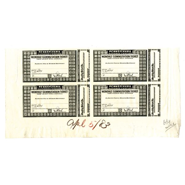 Pennsylvania Railroad Co., 1883 Unique Approval Proof Sheet of 4  Monthly Commutation Tickets by ABN