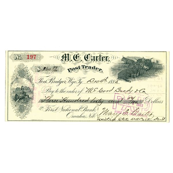 WY. W.A. Carter, Post Trader (Fort Bridger), 1882 I/C Bank Check