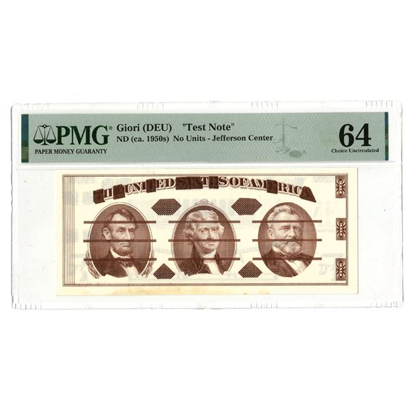 D.C. Giori Test Note, (DEU), ND (1950s) Jefferson Center "Test Note"
