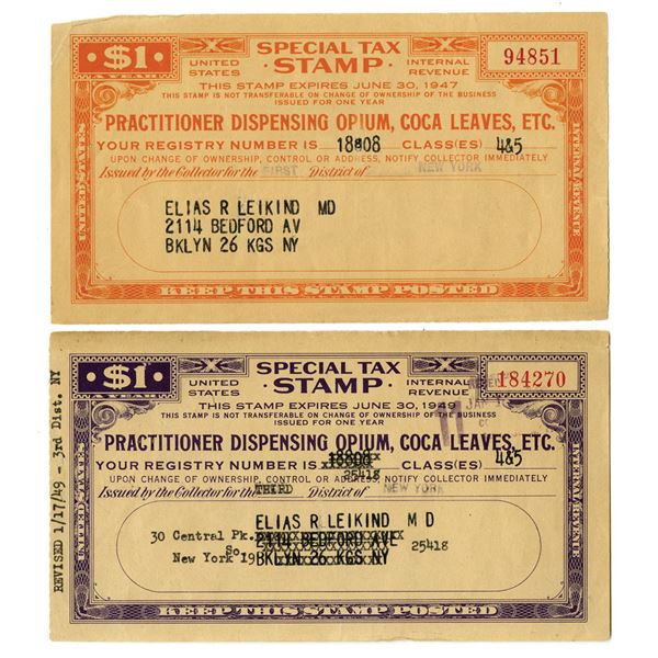 U.S. Internal Revenue, 1947 & 1949, Special Tax Stamps for Opium, Coca Leaves, Etc.