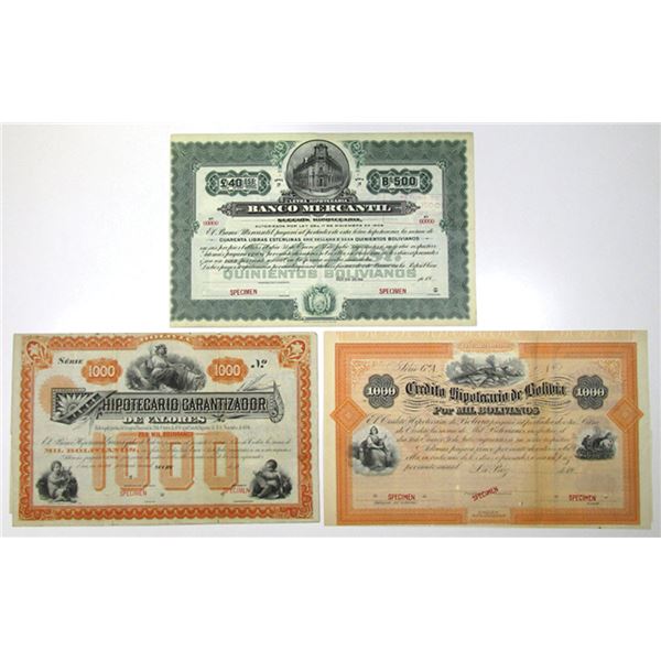 Bolivia. Banking & Finance Specimen Bond Trio, ND (1880s-1920s)