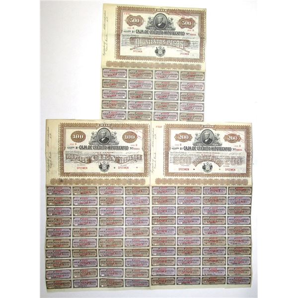 Chile. Caja de Credito Hipotecario, ND (1900s), Specimen Bond Trio.