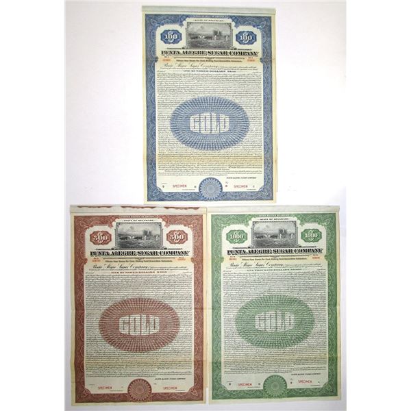 Cuba. Punta Alegre Sugar Co. 1922, Specimen Coupon Bond Trio