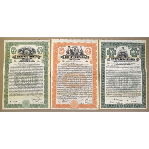 Norway. City of Oslo; City of Christiania; and, City of Trondhjem, 1920 to 1925, Specimen Gold Coupo