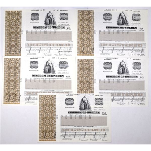 Sweden. Kingdom of Sweden, 1979, Specimen Registered Bond Quintet.