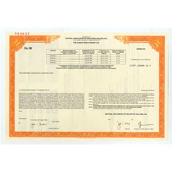 DE. NASDAQ Stock Market, Inc, 2000, Specimen Warrant Certificate to Purchase shares for IPO