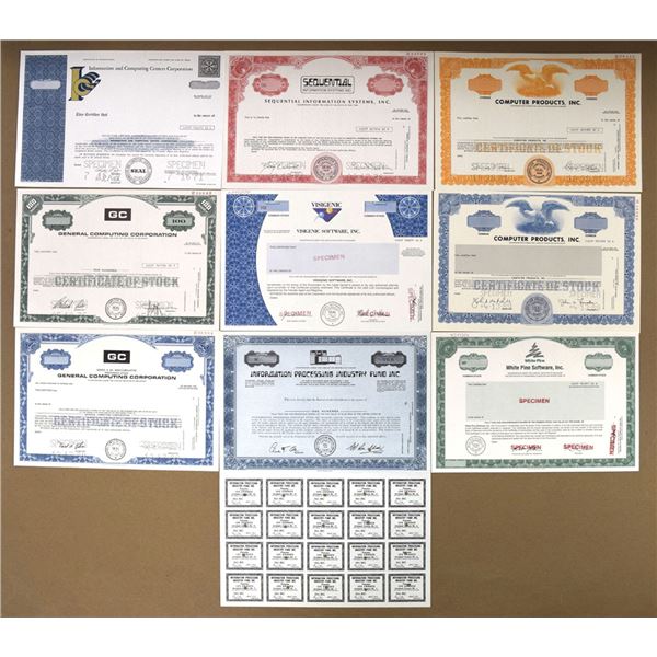 Computer, Software & Technology  Specimen Stock Certificate Assortment, ca.1971 to 1993.