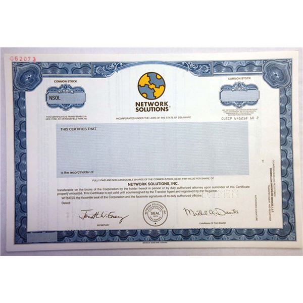 Network Solutions, Inc 1999 Specimen Stock Certificate.