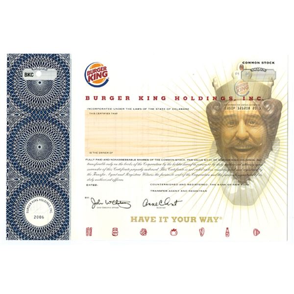 DE. Burger King Holdings, Inc., 2006 Specimen Stock Certificate.