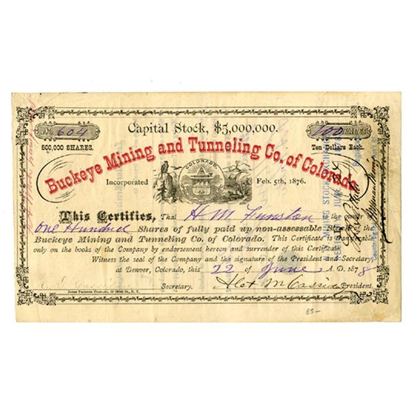 CO. Buckeye Mining and Tunneling Co. of Colorado, 1878, I/U Stock Certificate.
